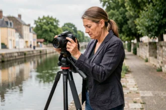 Photographe professionnelle ajustant son appareil photo sur trépied au bord de l'Erdre à Nort-sur-Erdre