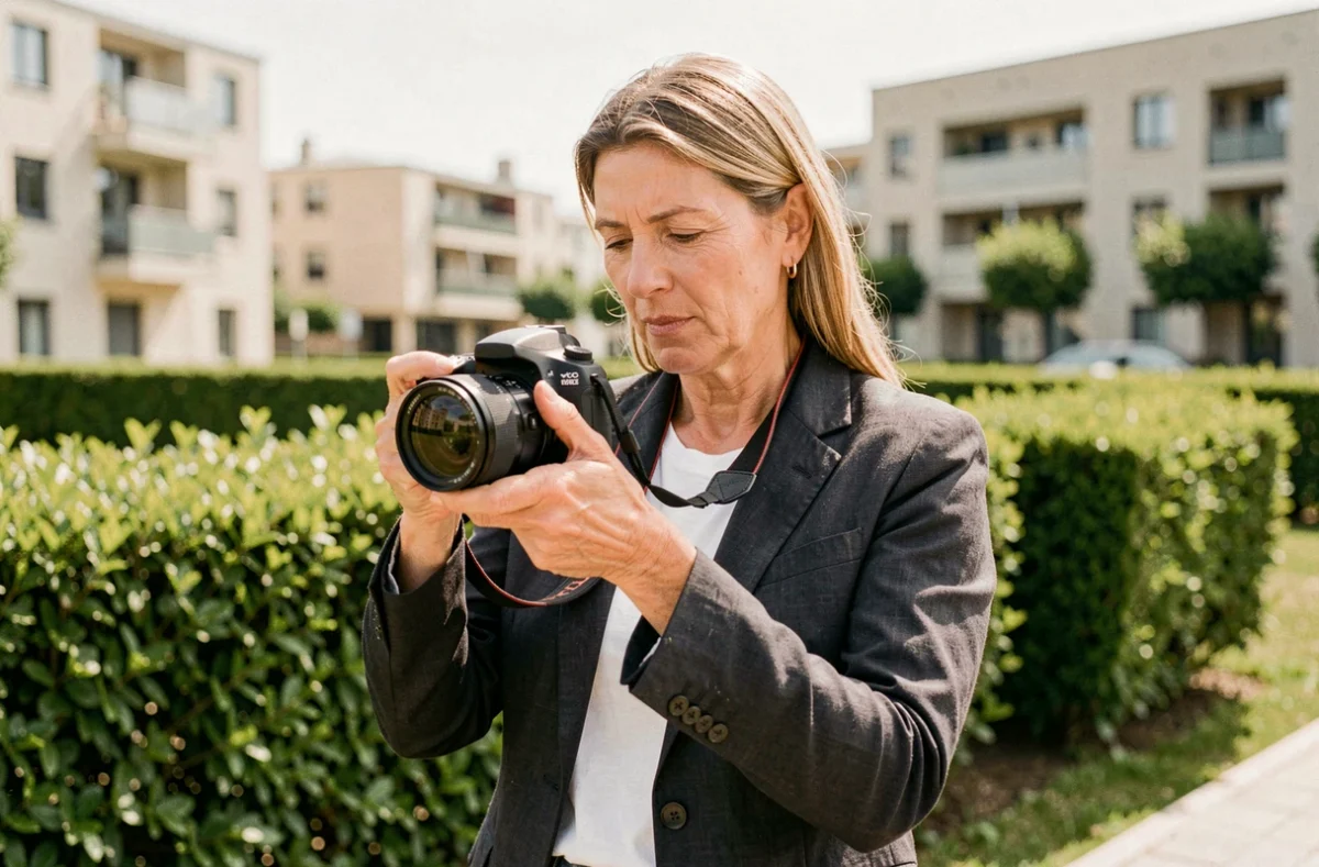 Photographe professionnelle à Gradignan consultant les photos sur son appareil photo dans un parc urbain