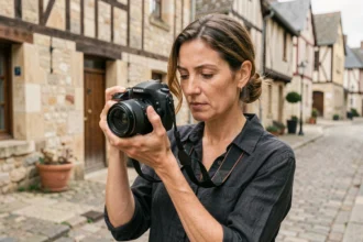 Photographe professionnelle tenant un appareil photo dans une rue de Saint-Lô avec des bâtiments normands en arrière-plan