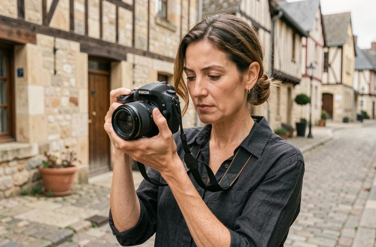 Photographe professionnelle tenant un appareil photo dans une rue de Saint-Lô avec des bâtiments normands en arrière-plan