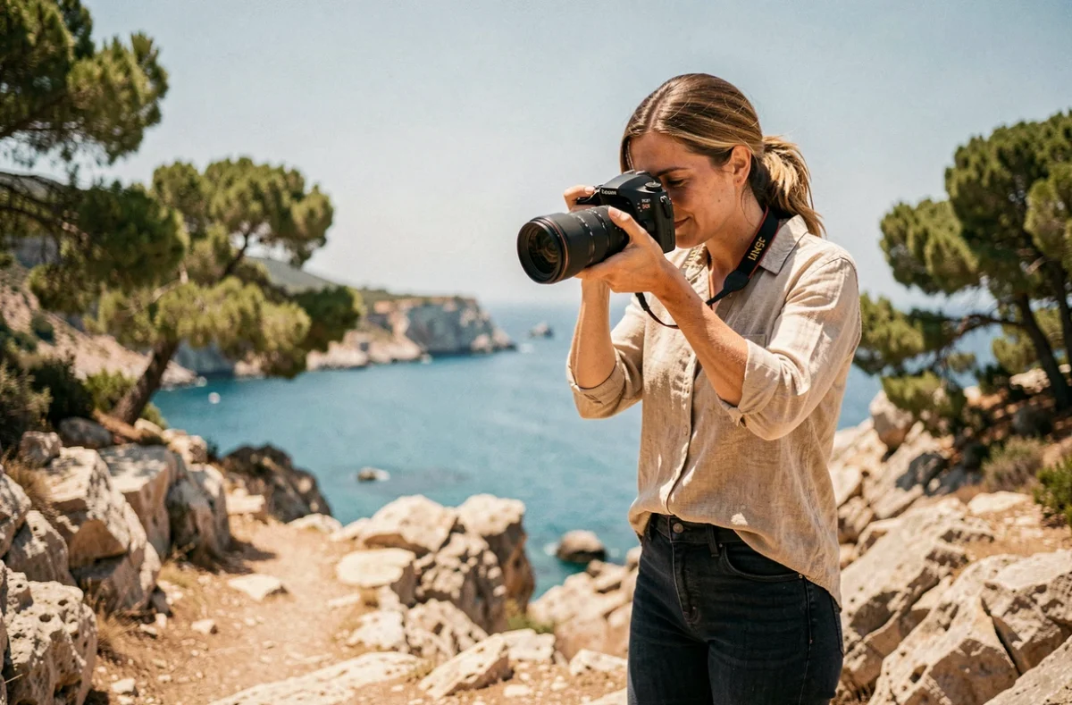Photographe professionnelle sur les rochers de Six-Fours-les-Plages avec son appareil photo