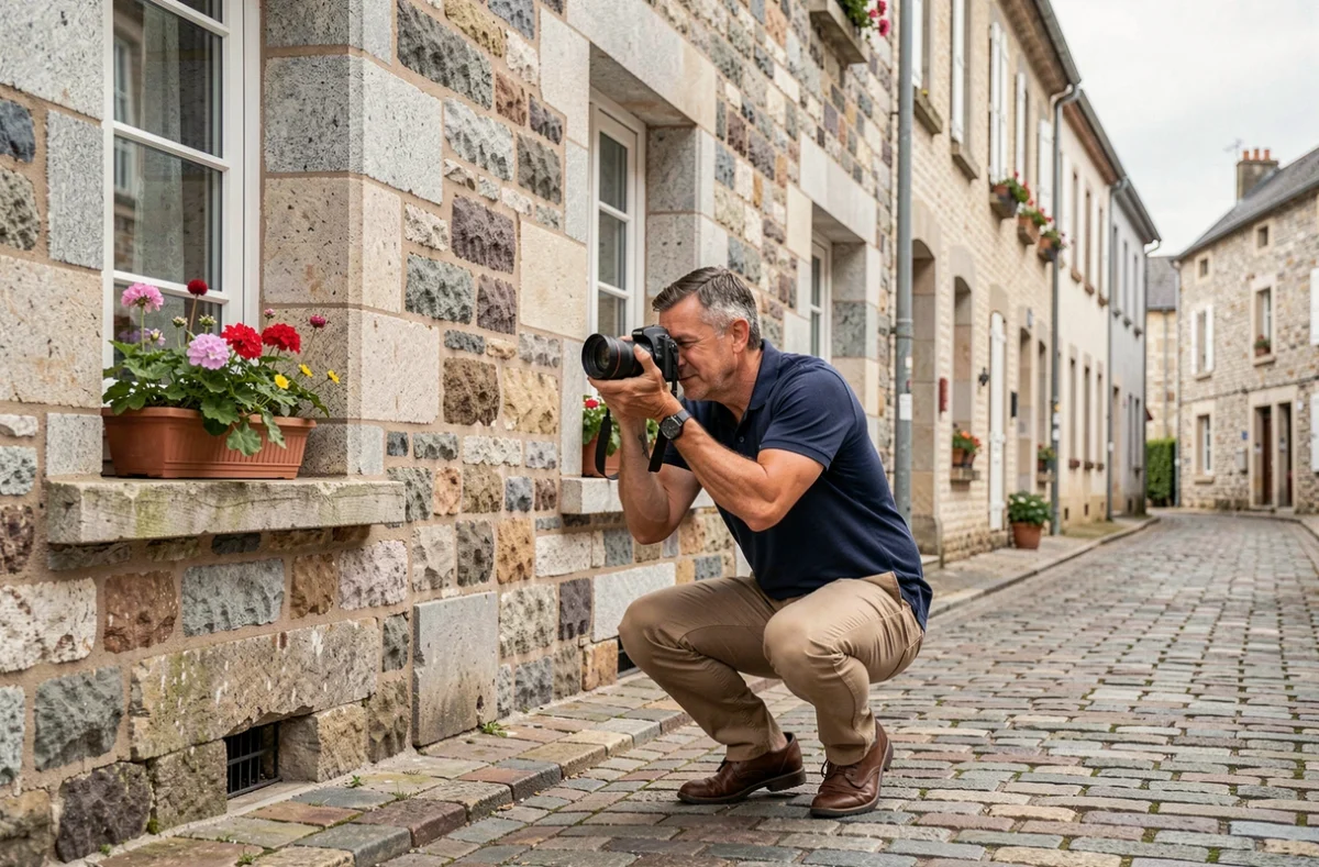 Photographe professionnel en train de photographier une façade en pierre dans une rue de Nort-sur-Erdre