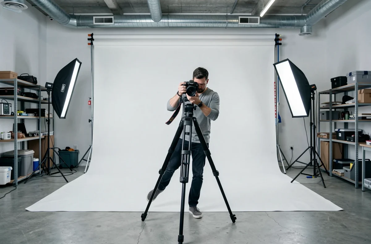 Photographe en studio à Gradignan préparant son équipement pour une séance photo professionnelle