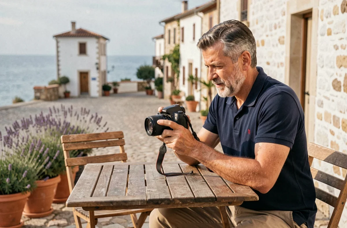 Photographe masculin consultant ses photos sur une terrasse de café à Six-Fours-les-Plages