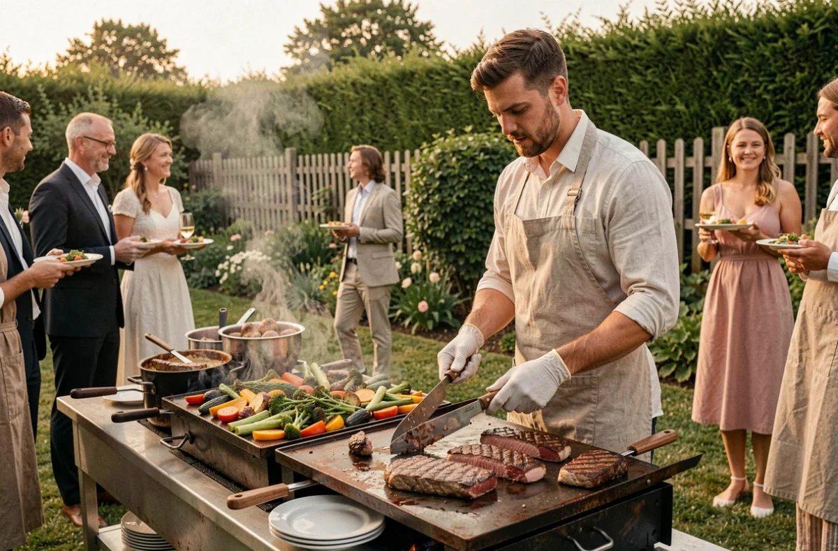 Stand de plancha animé lors d'un mariage en plein air dans les Hauts-de-France avec grillades et légumes de saison