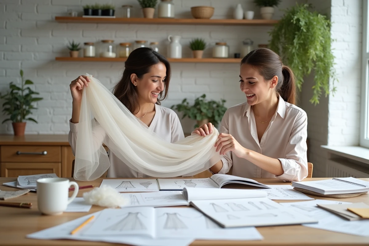 Deux amies planifiant ensemble une robe de mariée petit budget avec patrons de couture et tissus sur une table de cuisine