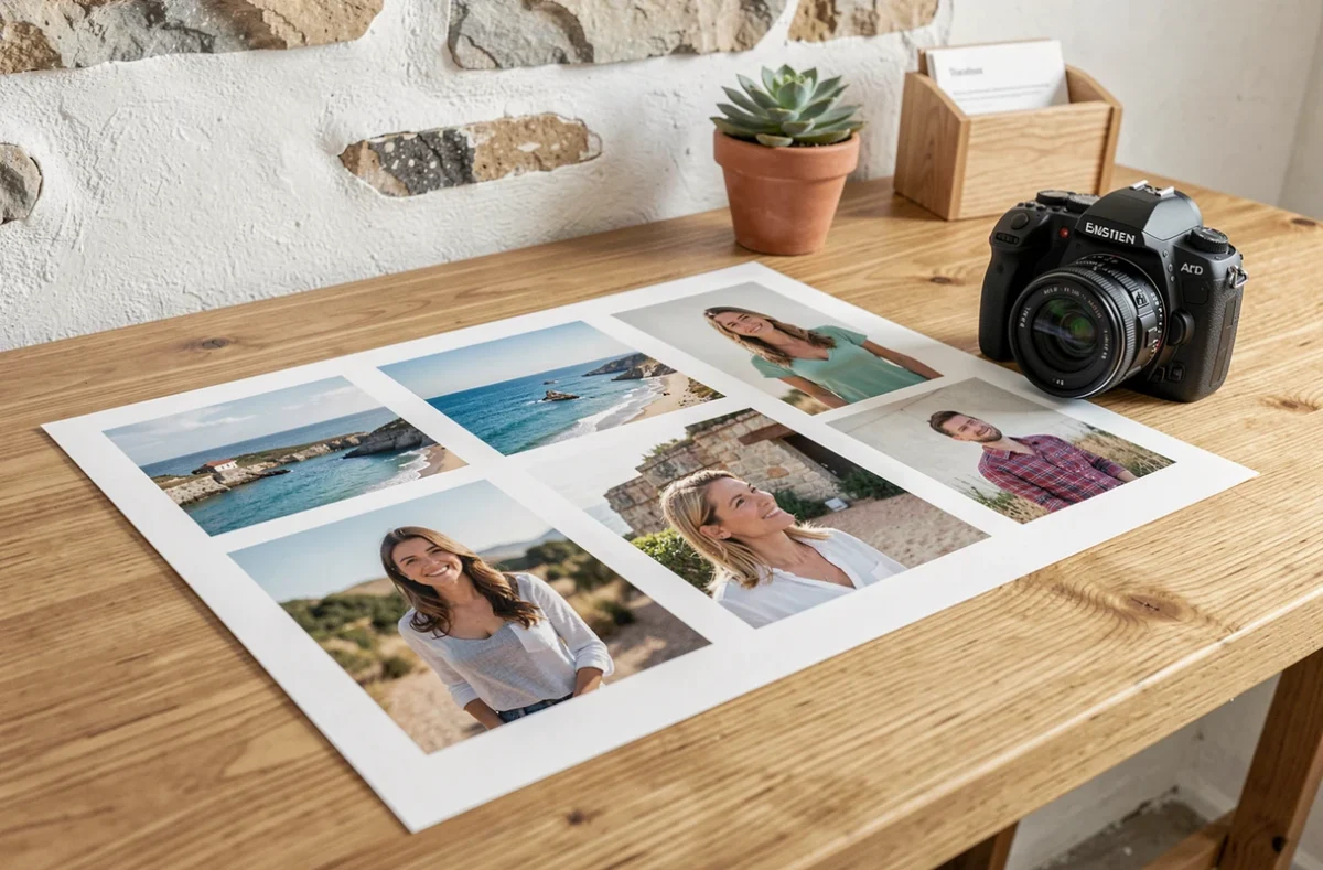 Portfolio imprimé d'un photographe de Six-Fours-les-Plages posé sur un bureau en bois