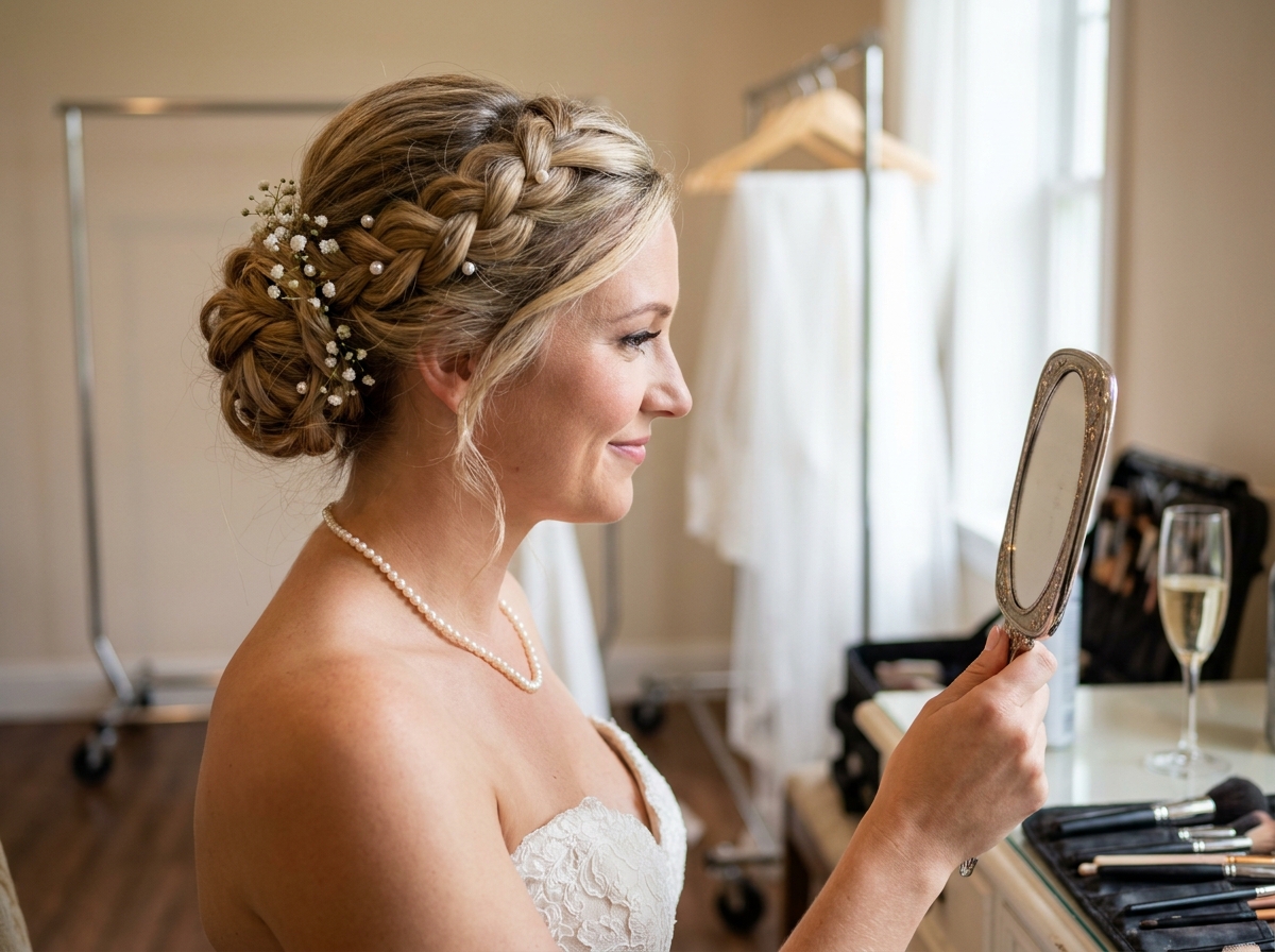 Portrait en gros plan d'une mariée avec un chignon tressé orné de perles réalisé par une coiffeuse à domicile