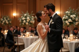 Mariés partageant leur première danse lors d'une réception de mariage élégante