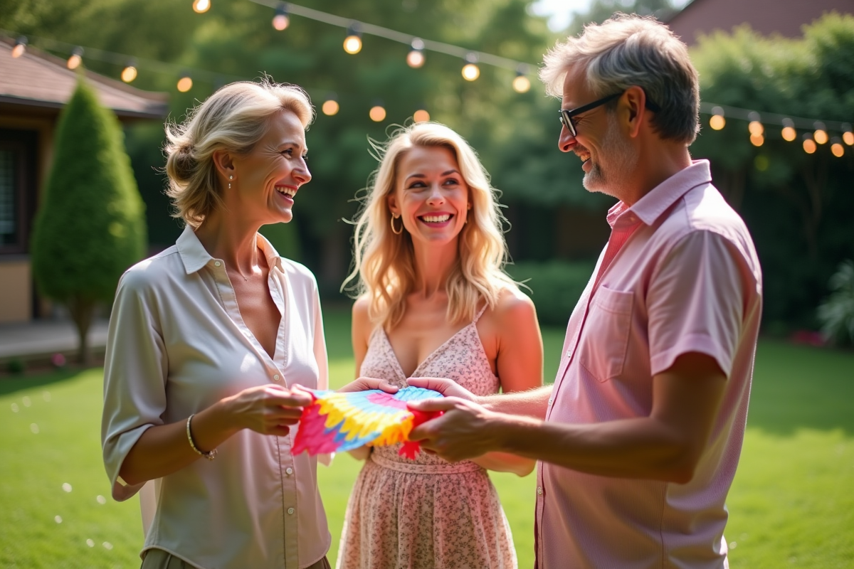 Trois adultes dans un jardin préparant une surprise avec une piñata