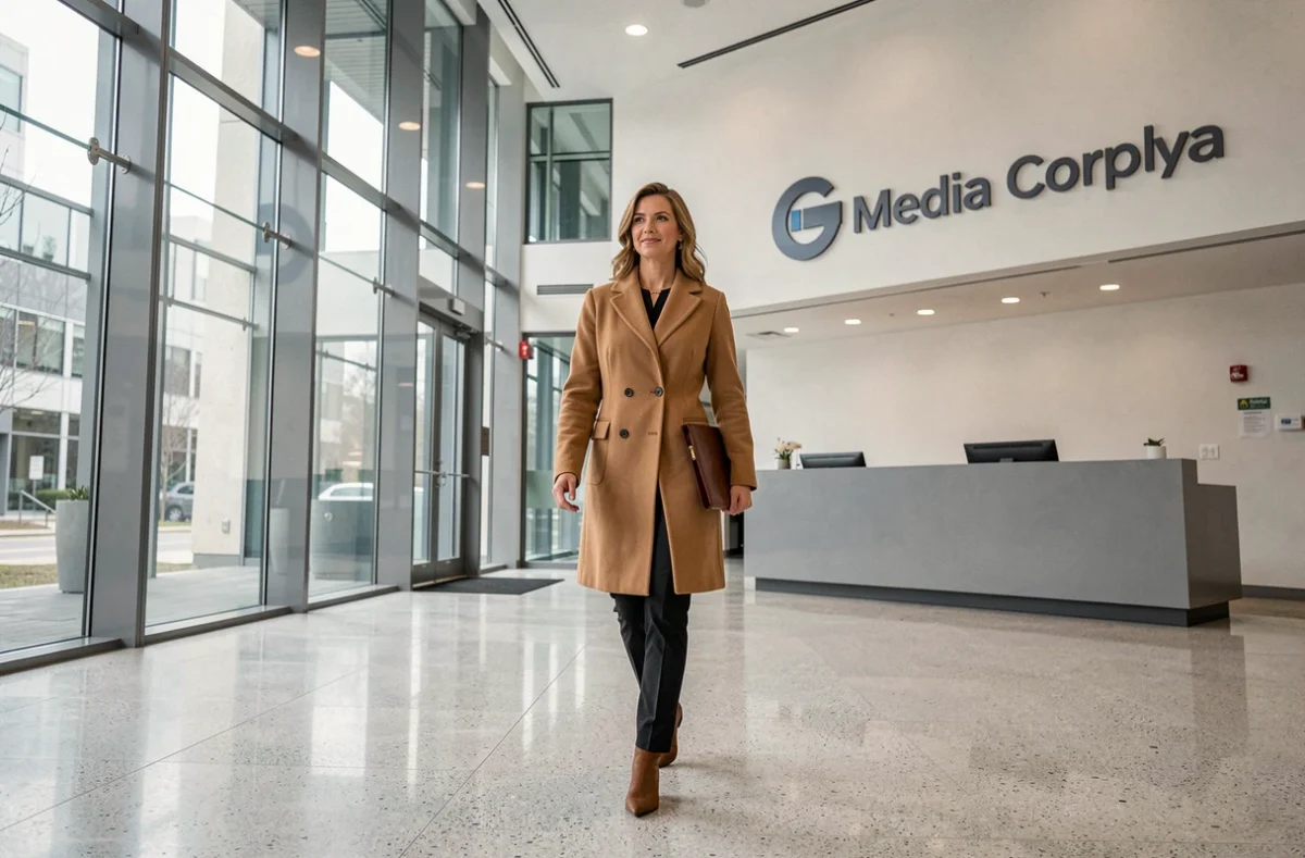 Femme de médias traversant le hall d'un grand groupe de presse, tenant un portfolio, dans un environnement architectural contemporain et institutionnel