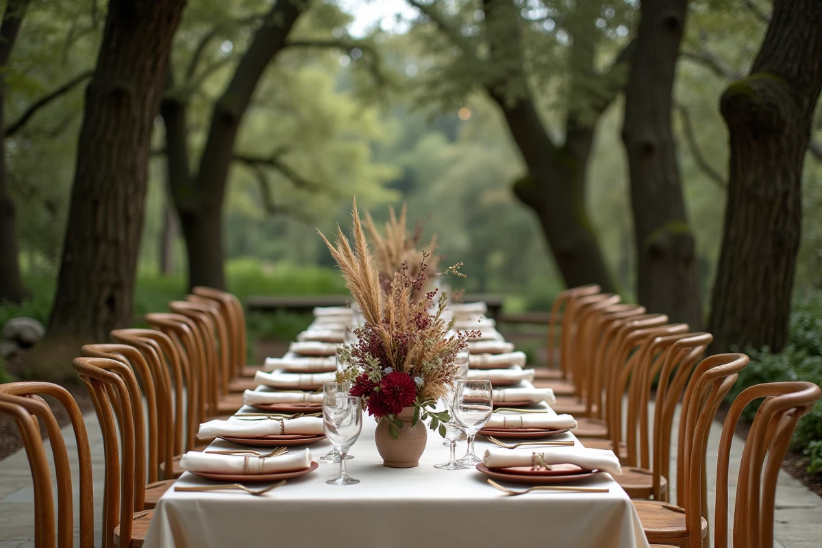 Table de mariage en plein air sur la terrasse en pierre d'un domaine forestier en Gironde, décoration rustique avec fleurs séchées et vaisselle en céramique terracotta