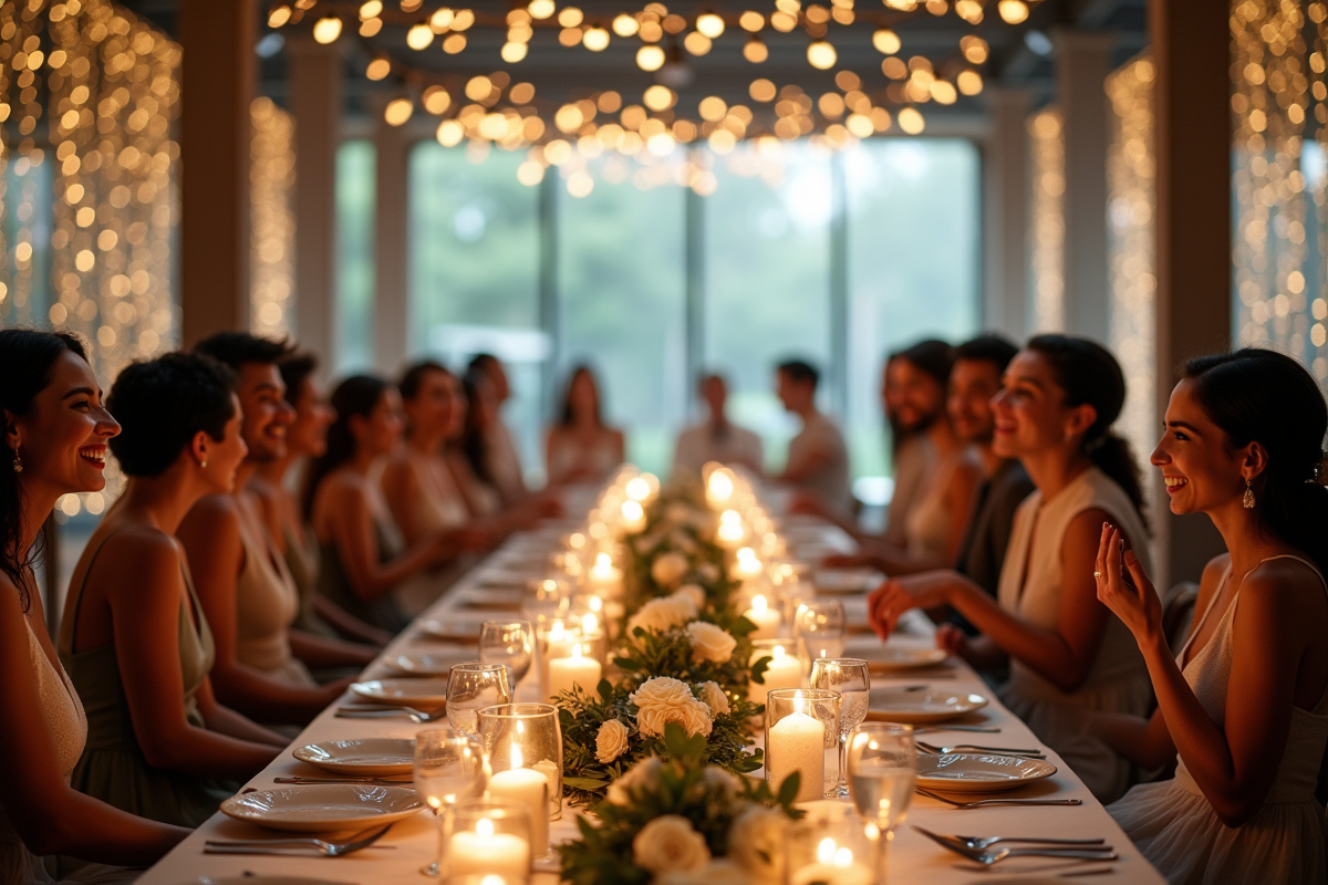 Réception de mariage intérieure avec tables élégantes et gâteau contemporain