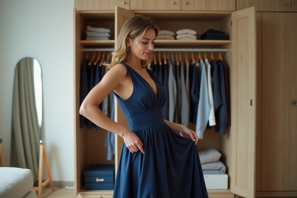 Femme tenant une robe bleue midi devant son armoire ouverte, explorant comment recycler sa tenue de mariage au quotidien