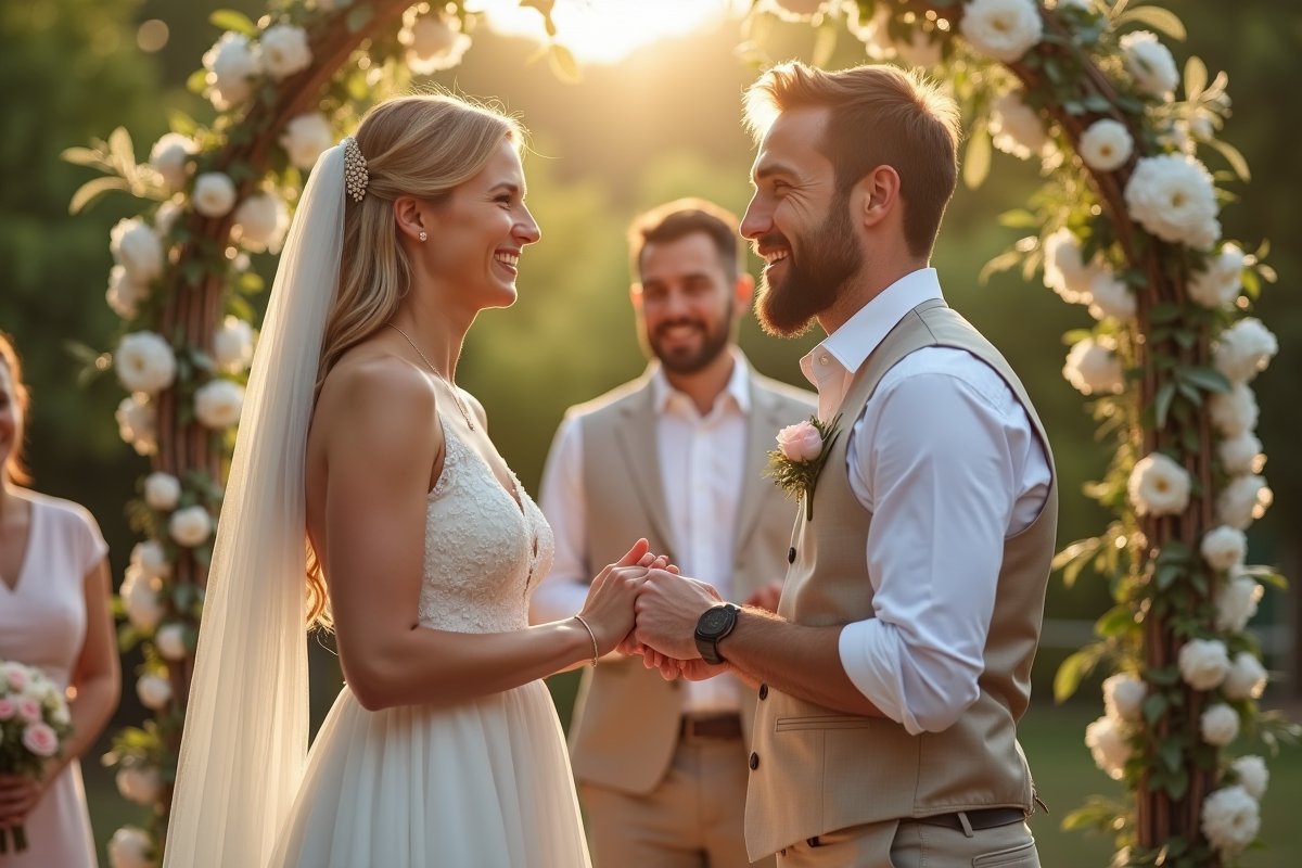 Couple souriant échangeant des alliances en famille dans un jardin