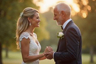 Couple d'âge moyen échangeant leurs vœux de mariage en plein air
