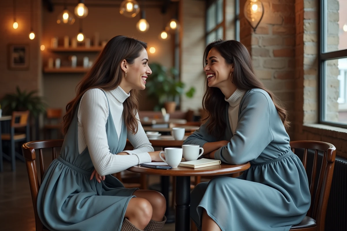 Deux femmes discutant dans un café, l'une portant une robe bleue de mariage transformée en tenue chic du quotidien avec col roulé et bottines