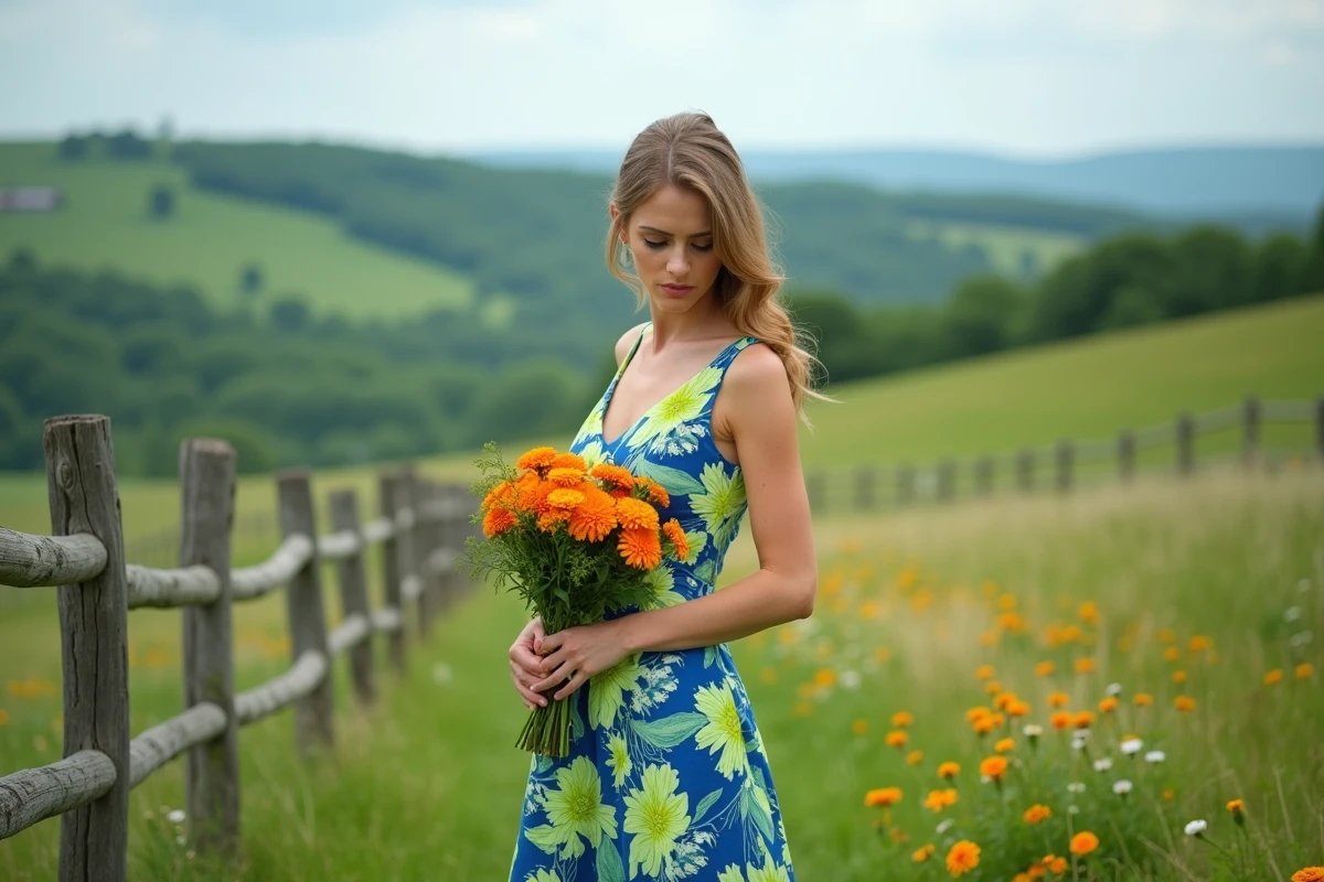 Femme en robe champêtre aux couleurs criardes dans un champ de fleurs sauvages, exemple d'association de teintes à éviter