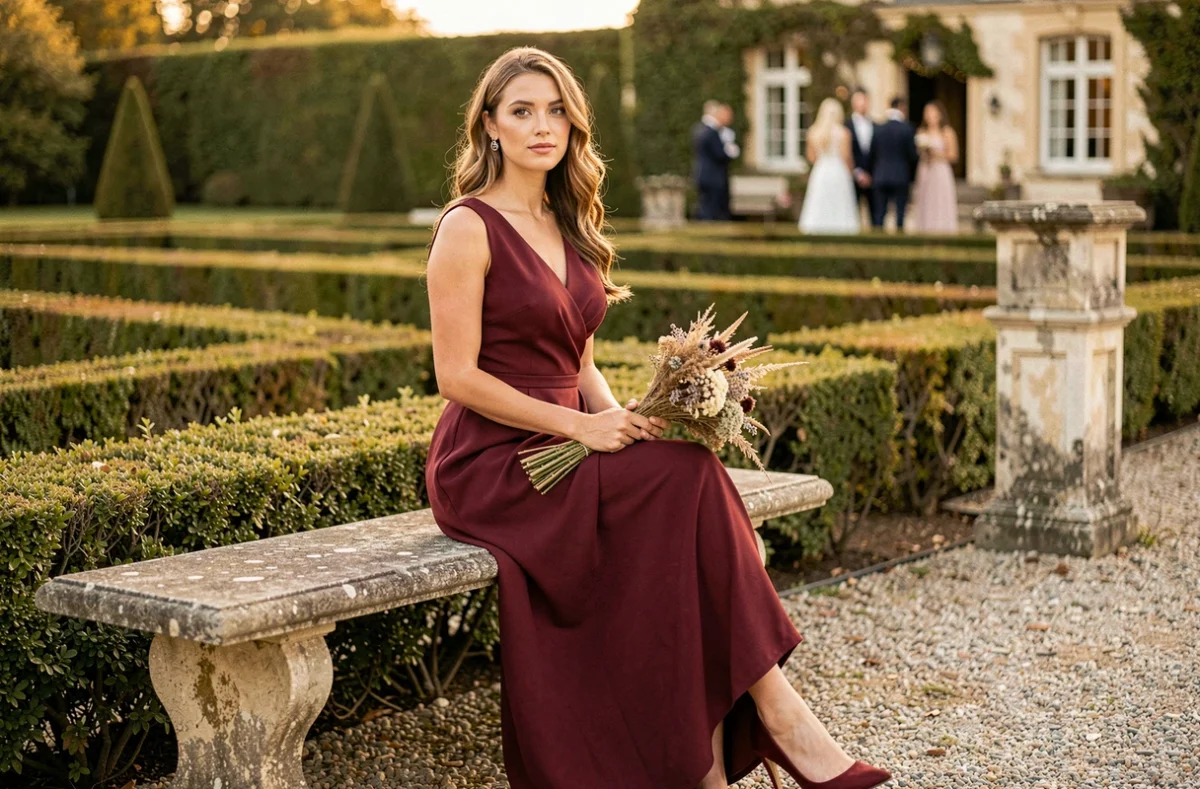 Femme mince en longue robe de soirée bordeaux en crêpe assise dans un jardin de château lors d'un mariage, exemple de tenue élégante pour invitée selon la morphologie