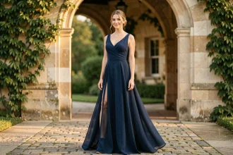 Femme élégante en longue robe de soirée bleu marine en mousseline, posant devant un lieu de mariage en pierre avec arches et végétation, tenue idéale pour invitée selon la morphologie