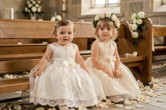 Robe de mariage bébé en dentelle blanche assortie à la tenue de cortège d'une petite fille en église