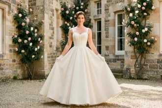Mariée en robe de bal années 50 avec jupe en tulle volumineuse et bustier ajusté dans la cour d'un château français