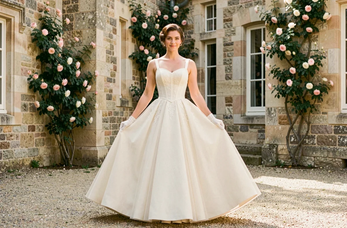 Mariée en robe de bal années 50 avec jupe en tulle volumineuse et bustier ajusté dans la cour d'un château français