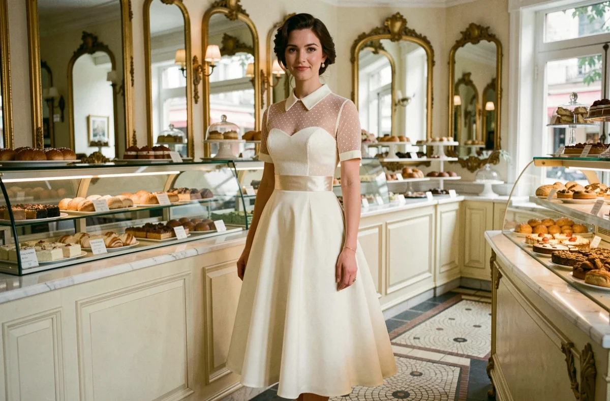 Mariée en robe de mariée mi-longue années 50 coupe A-line dans une pâtisserie parisienne vintage avec miroirs dorés