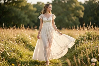 Mariée en robe bohème chic ivoire dentelle dans une prairie fleurie pour un petit mariage intimiste