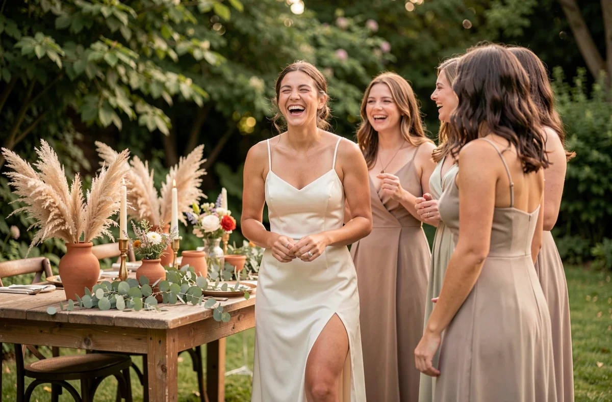 Mariée bohème en robe minimaliste riant avec ses amies lors d'un petit mariage intimiste en jardin