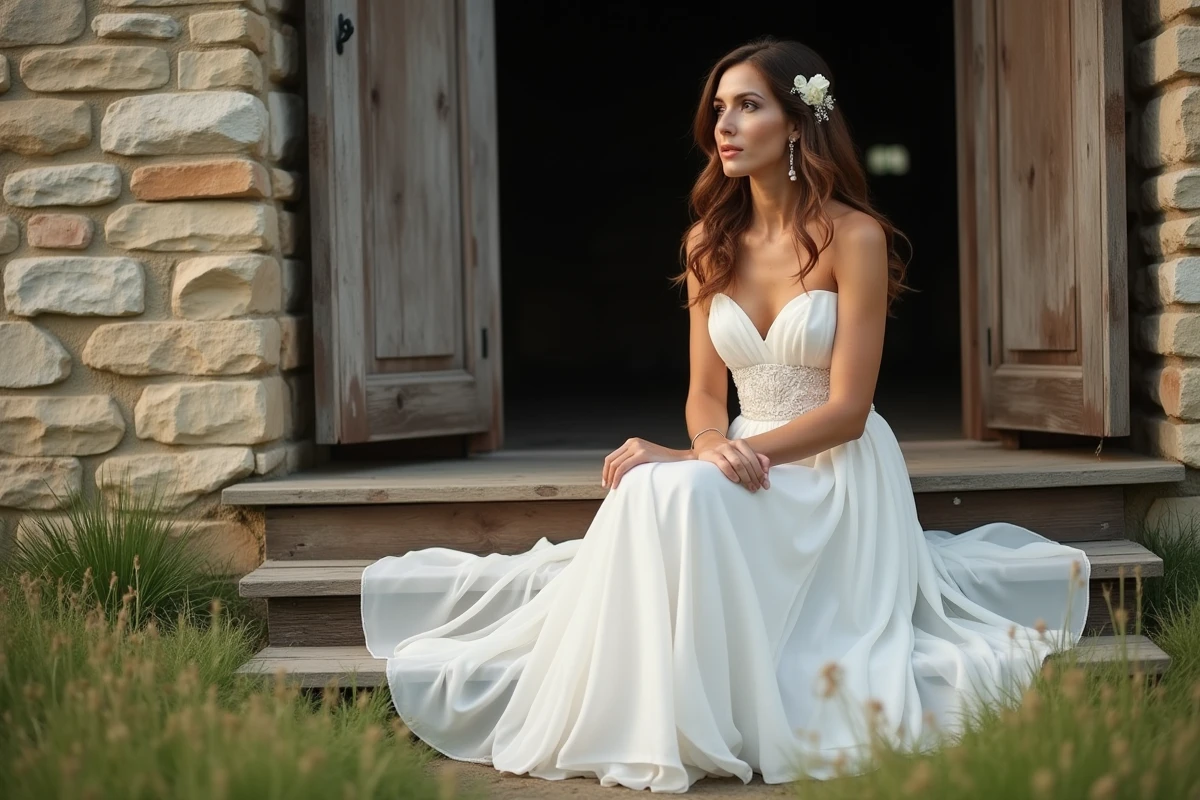 Femme en robe de mariée en mousseline assise sur les marches d'une chapelle en pierre à la campagne