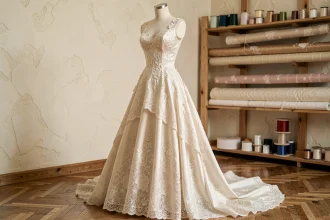Robe de mariée en dentelle Chantilly et satin duchesse exposée sur un mannequin dans un atelier de couture haut de gamme