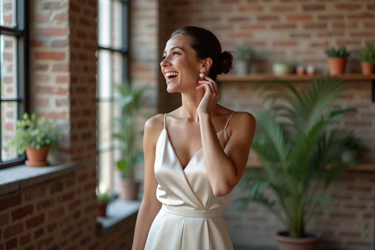 Jeune mariée riant dans une robe de mariée en satin minimaliste dans un loft urbain avec murs en briques apparentes