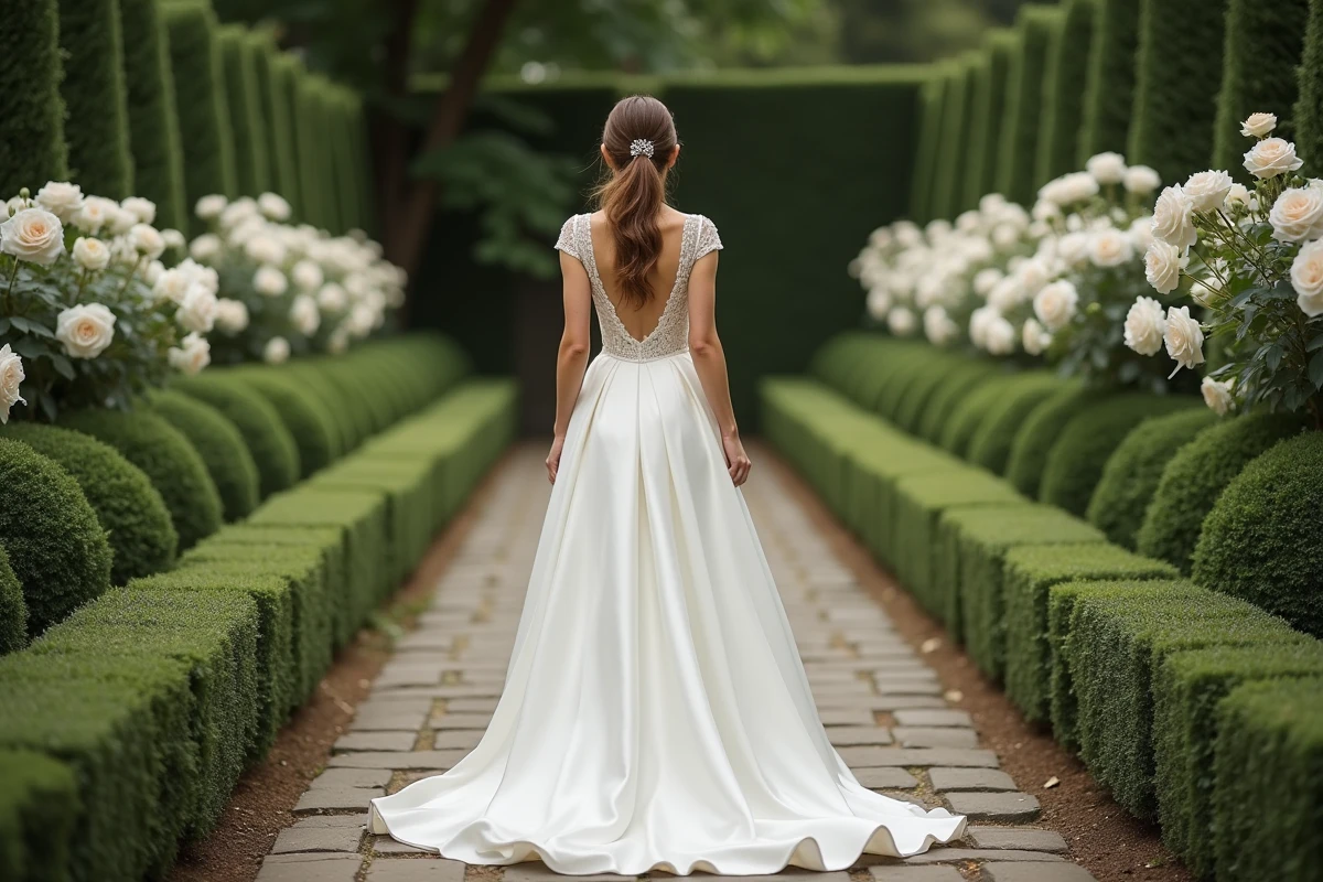 Mariée en robe empire satin duchesse avec manches en dentelle dans une allée de jardin fleurie, silhouette élancée