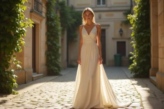 Femme portant une robe de mariée longue en soie ivoire à col en V dans une cour parisienne en pierre, allongeant la silhouette