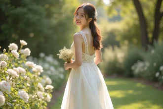 Mariée souriante en robe de mariée blanche simple et élégante avec bordure en dentelle dans un jardin botanique fleuri