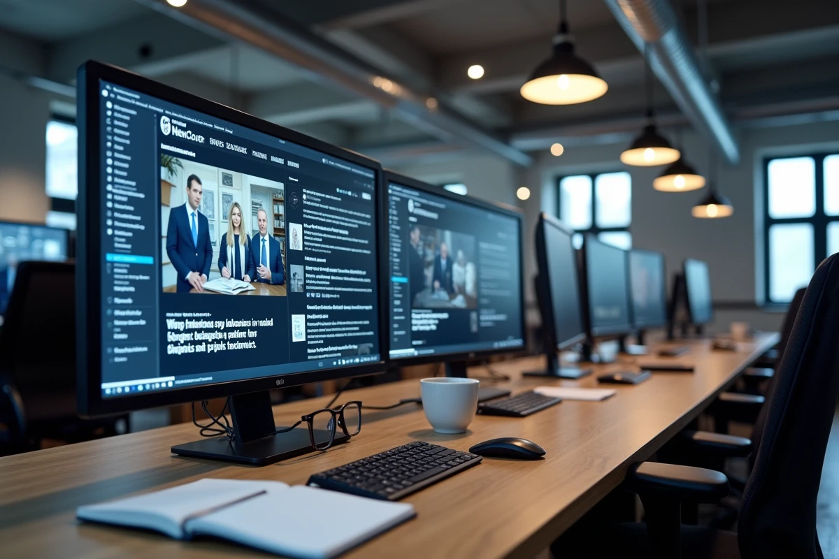 Salle de rédaction moderne avec écrans affichant des titres d'actualité et des fils de vérification de l'information sur des rumeurs en ligne
