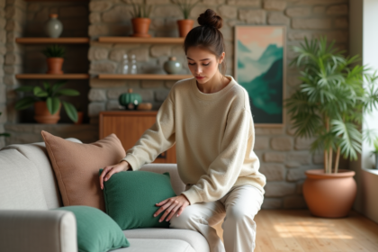 Jeune femme arrangeant des coussins dans un salon moderne