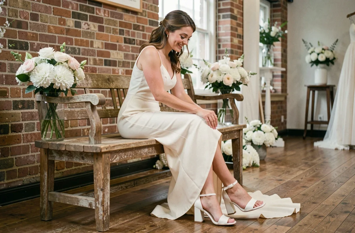 Mariée assise en boutique essayant des sandales blanches à talon bloc confortables pour le mariage