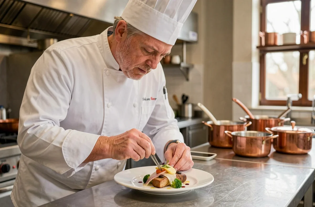 Le chef Remy Djeddah en cuisine dressant avec précision une assiette gastronomique pour un repas de mariage