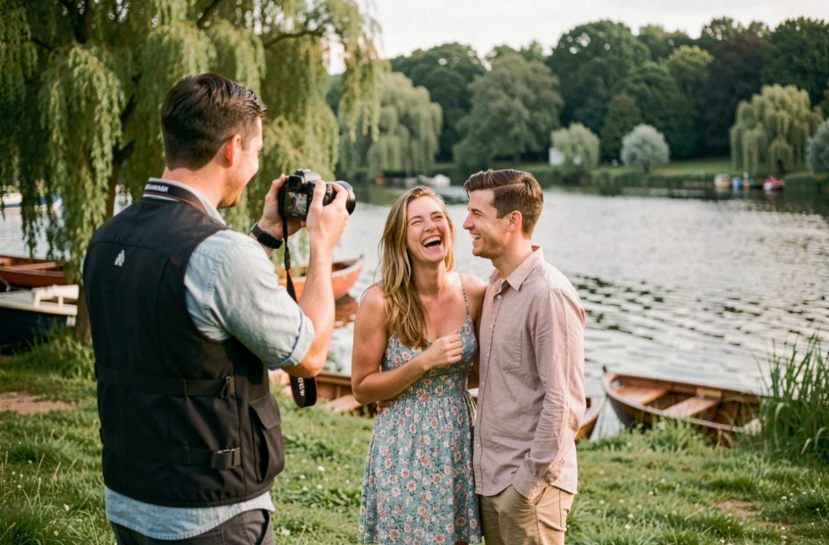 Séance photo professionnelle en extérieur avec un couple au bord de l'Erdre à Nort-sur-Erdre