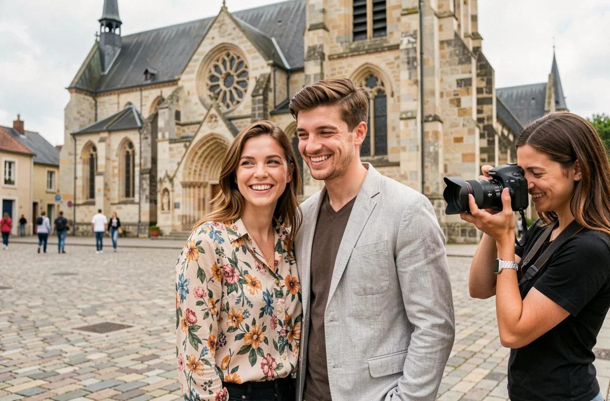 Couple souriant lors d'une séance photo extérieure devant un monument historique de Niort avec photographe professionnel