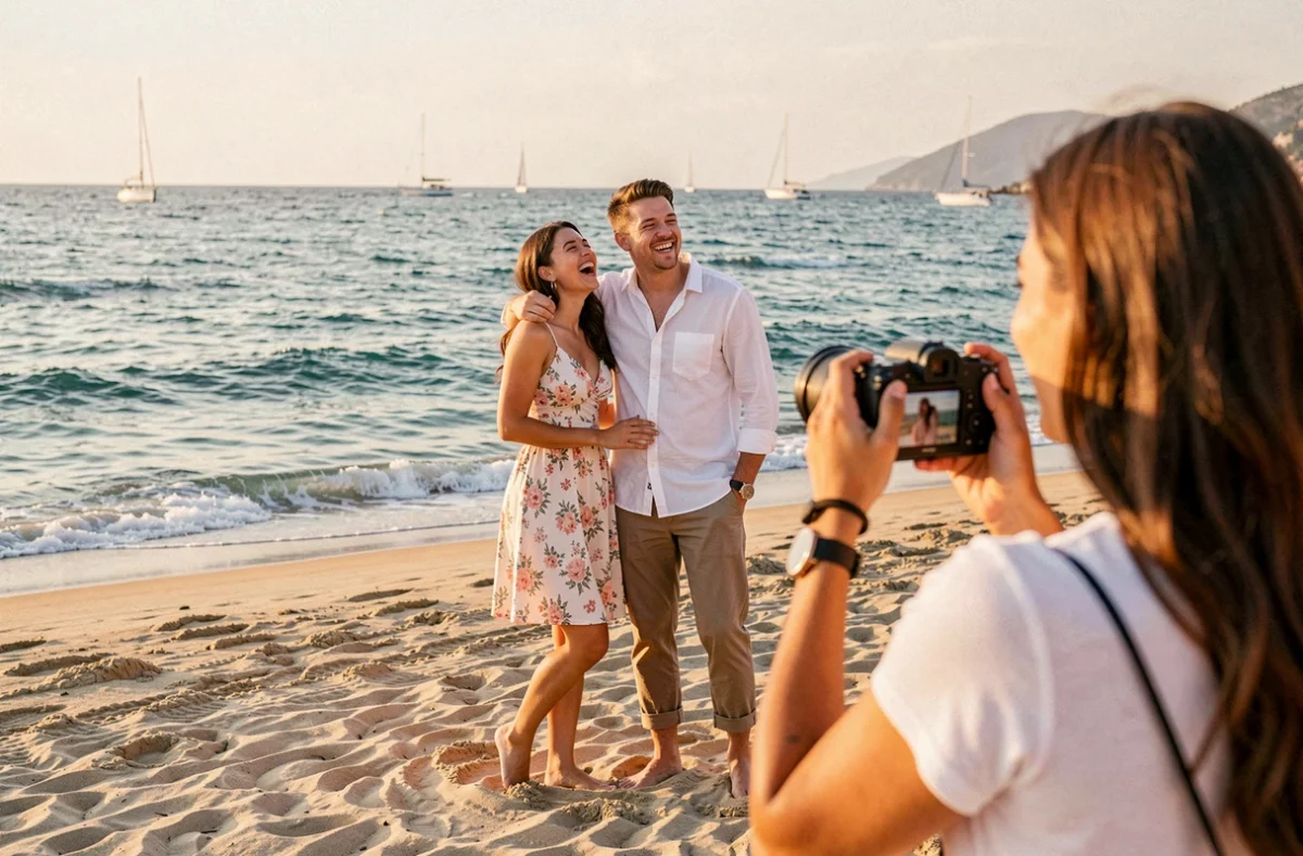 Séance photo de couple sur la plage de Six-Fours-les-Plages avec photographe en action