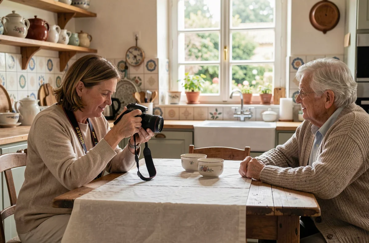 Photographe à domicile consultant ses photos avec un couple de seniors dans une cuisine typique de Montrond-les-Bains