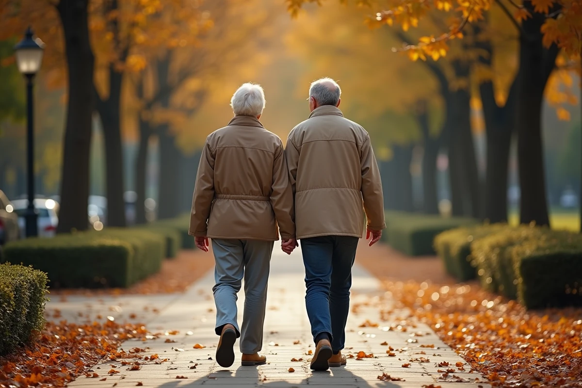 Couple se promenant discrètement dans un parc en automne, symbolisant le respect de la vie privée d'une célébrité et de son conjoint