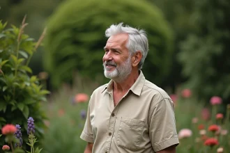 Homme aux cheveux argentés dans un jardin fleuri, illustrant la vie privée d'une personnalité publique comme Stéphane Marie