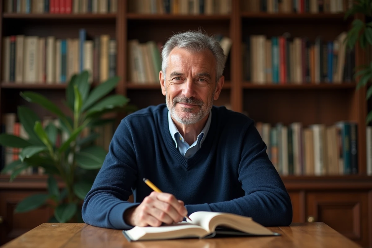 Homme aux cheveux gris lisant dans une bibliothèque chaleureuse, évoquant l'intimité et la vie personnelle d'une personnalité médiatique comme Stéphane Marie