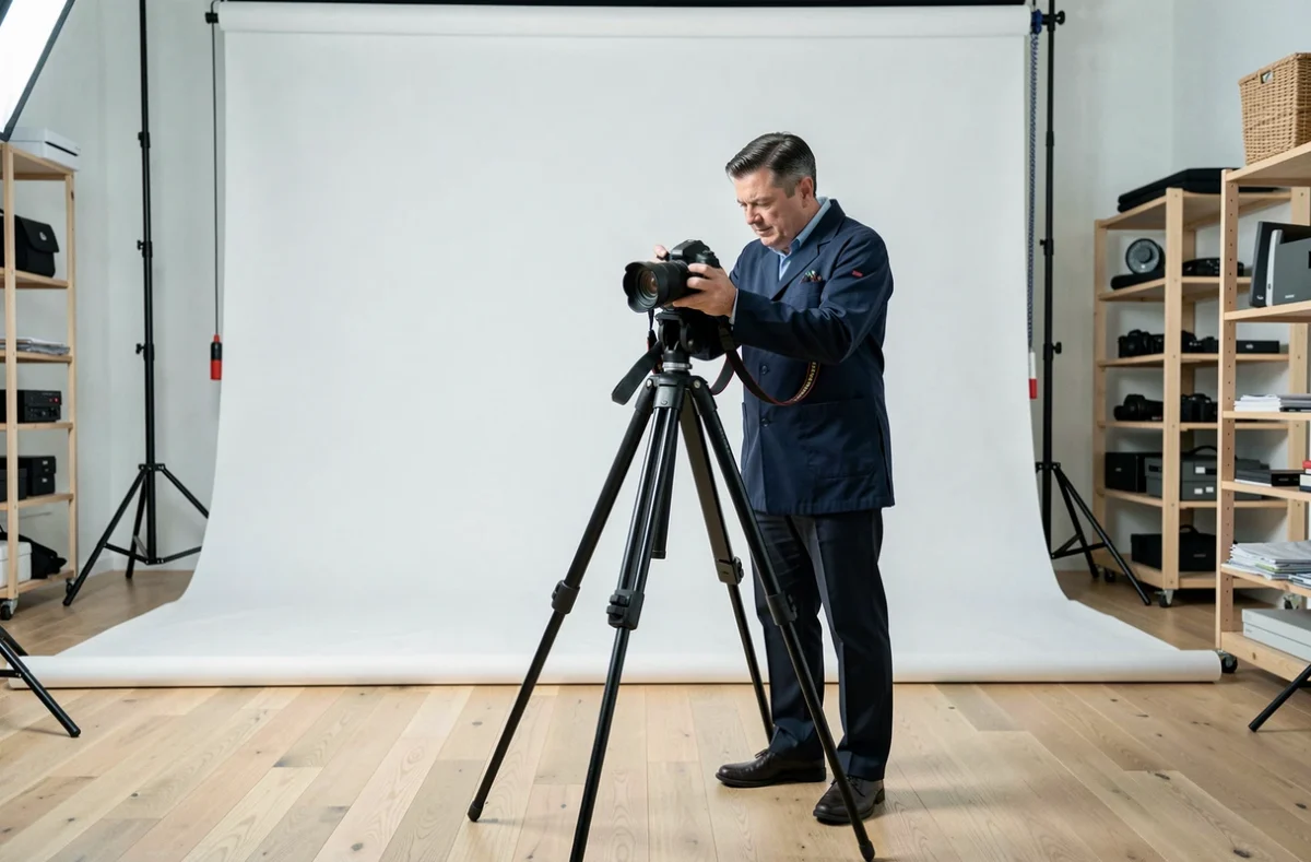 Photographe masculin réglant son trépied dans un studio photo moderne avec fond blanc et sol en bois