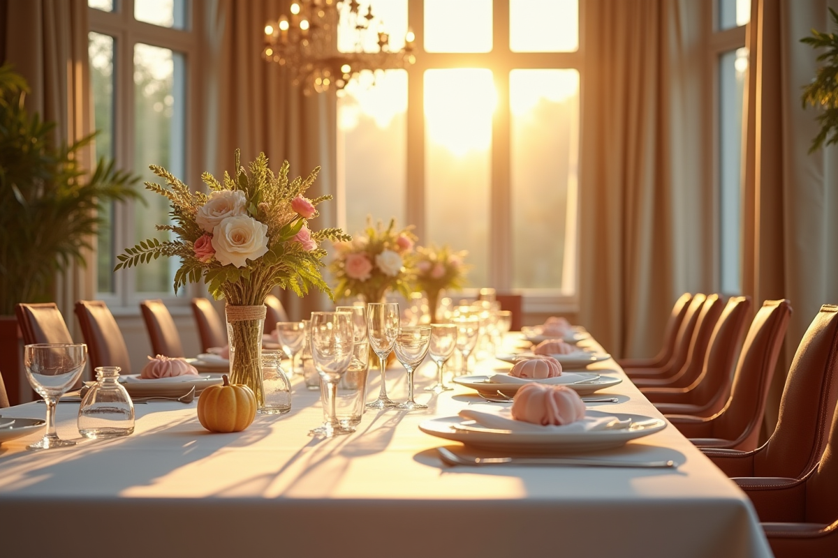 Table longue avec vaisselle et fleurs sous lumière naturelle