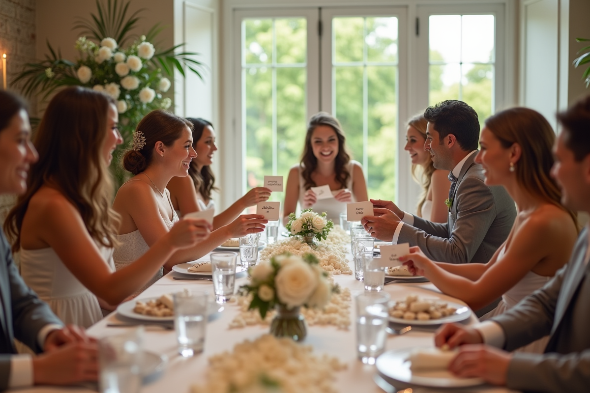 Table de mariage élégante avec témoins échangeant des cartes